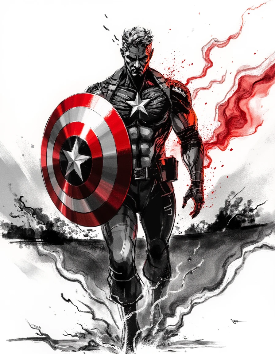 In a powerful digital drawing inspired by the unmistakable style of Yoji Shinkawa, Captain America stands at the forefront, embodying strength and determination. His iconic shield is raised, reflecting a vibrant burst of red mixed with deep metallic hues that contrast sharply against the predominantly monochromatic background. The dynamic brushstrokes fluidly capture the motion of his pose, with sweeping lines that suggest he is mid-action, ready to spring into battle.

The illustration features rough, textured lines that convey the wear of countless fights, blending seamlessly into the flowing contours of his muscular physique. The color palette, predominantly black and white, showcases dramatic contrasts; the dark ink engulfs him while hints of muted tones accentuate the contours of his uniform, making him a focal point amid the chaos. 

Negative space amplifies the sense of urgency, as the viewer's eyes are drawn to the stark emptiness surrounding him—an open battlefield that hints at a larger conflict. Surrounding Captain America, layers of brush strokes interweave to form abstract shapes reminiscent of incoming blows and explosions, creating a sense of controlled chaos that pulsates with energy.

His face, while minimally detailed and almost abstract, radiates focus, with large expressive lines crisply delineating his determined expression and fierce gaze. These imperfections lend a raw, organic feel to the piece, hinting at stories untold, inspiring viewers to imagine the battles he has faced. 

Overall, this illustration captivates with its blend of motion and emotion, vivid energy and subtle warmth, painting Captain America as a timeless hero amidst a stylized representation of conflict and valor.