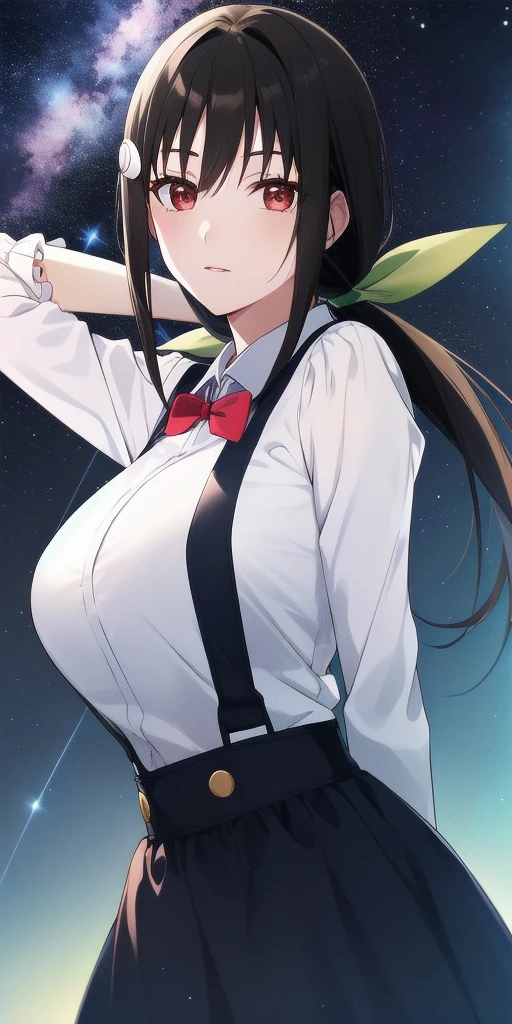 <lora:mayoi_hachikujiV2:0.7> mayoi_hachikuji_low_ponytail, huge_breasts, standing, solo, arms_behind_back, starry_sky,  white_shirt_blue_suspender_skirt_juliet_sleeves_frills_red_bowtie, green_hair_ribbon, hairclip, masterpiece, best_quality, detailed_face, detailed_eyes, highres, beautiful, detailed, absurdres,