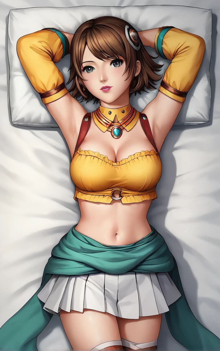 score_9, score_8_up, score_7_up, score_6_up, BREAK
MainOutfit_RogueGalaxy_ownwaifu, 
1girl, brown hair, grey eyes, hair ornament, short hair, lips, breasts, medium breasts, flipped hair, jewelry, lipstick, 
neck ring, suspenders, yellow shirt, midriff, clothes around waist, detached sleeves, navel, thighhighs, crop top, miniskirt, skirt, bare shoulders, long sleeves, white skirt, cleavage, armor, necklace, pleated skirt,
(dakimakura \(medium\), solo, arms behind head), on bed, on back, pillow, from above, indoors, <lora:PONYXL_Kisala_RogueGalaxy_ownwaifu:0.7> , depth of field