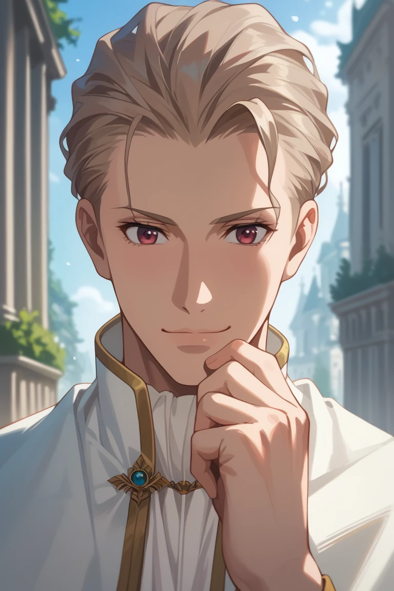 score_9, score_8_up, score_7_up, source_anime, rating_safe, day, natural lighting, male focus, looking down, hand on own chin, thinking BennoABW, light brown_Benno_slicked back hair, reddish pink_Benno_eyes, closed mouth, 1boy, intricately detailed illustration, depth of field, atmospheric perspective