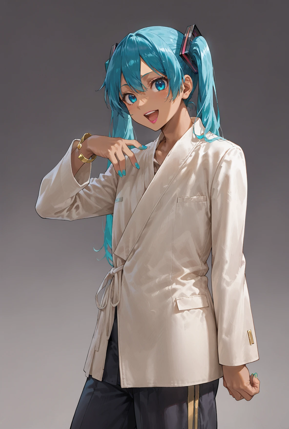 Score_9, Score_8_up,Score_7_up, Score_6_up,Score_5_up, Score_4_up, Source_anime, Rating_safe,  Persona_3 style,Shigenori_Soejima_Artwork, 1girl, Hatsune Miku, femboy, tan skin, blue hair, flat chest, Gyaru, Glitter, very long nail, gold jewel, lipstick, make up, happy, undressing, open mouth, :0, blue eyes, long sleeves, japanese clothes, loose blazer, white blazer, linen clothes, <lora:Japan_Design_White_Blouses:0.7>, sleeves past wrist, solo, dress, loose pants, (side view:1.2)