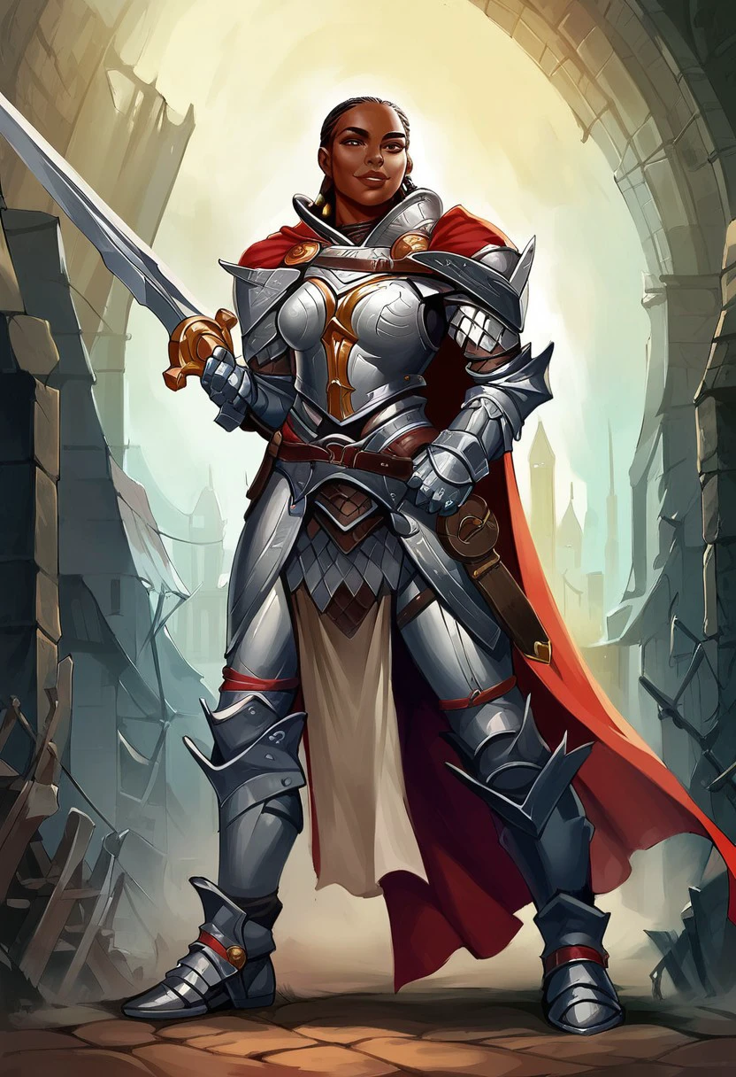 SeelahPathfinder,1girl,solo,black hair, very dark skin,dark skinned female,large breast, black hair,dreadlocks,armor,full armor,silver armor,knight armor,shoulder armor,breastplate,pauldrons,gloves,vambraces,greaves,boots,high heels,pelvic curtain,sword,lips,armor ornament,cape,shild,brown eyes,seductive pose,sexual pose,ruins,spread legs,
score_9, score_8_up, score_7_up, beautiful aesthetic, very intricate, high quality details,vibrant, highly detailed, award-winning, professional,anime artwork, anime style, studio anime, athletic, toned female,muscular milf,curvy body, athletic girl,fit girl,  round breasts, ,looking at viewer, pinup pose,teasing, dynamic lighting, cinematic, smug, better than you, aura of temptation, highly detailed, high resolution, masterpiece, detailed clother, detailed background, highly detailed, ((sound effects)) comic layout,