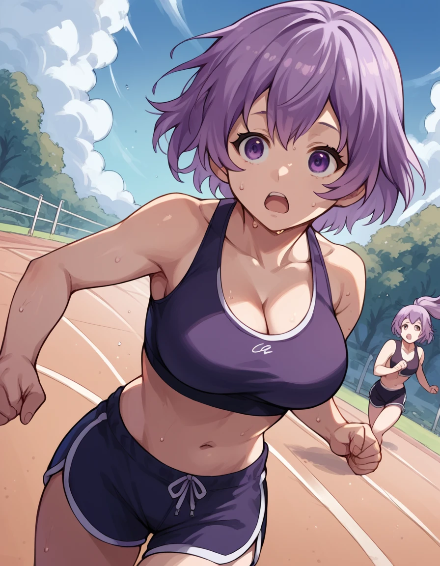 score_9, score_8_up, score_7_up, source_anime, <lora:grimgar-shihoru-s1-ponyxl-lora-nochekaiser:1>, shihoru, short hair, purple hair, purple eyes, large breasts, <lora:dolphin-shorts-ponyxl-lora-nochekaiser:1>, dolphin shorts, shorts,, outdoors, running, sweat, open mouth, sports bra, cleavage, navel, midriff, ponytail,, , cowboy shot, dutch angle