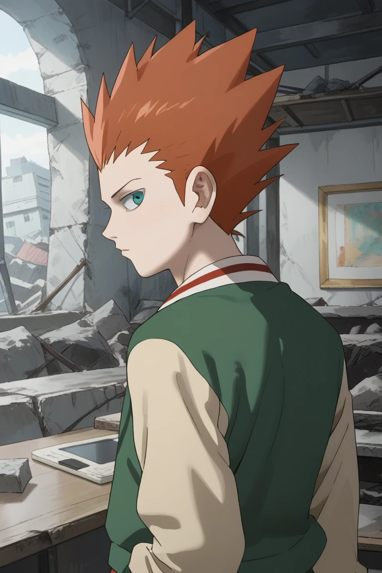 score_9,score_8_up, score_7_up, score_6_up,
suzuki sho, orange hair, blue eyes, male focus, spiked hair, 1boy, jacket, short hair, closed mouth, looking back, upper body, ruins, indoors, solo, long sleeves, from behind