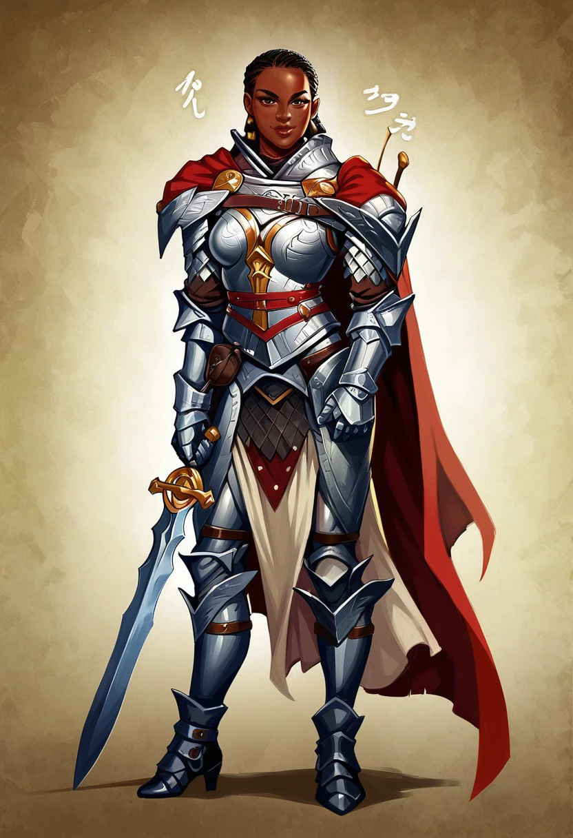 SeelahPathfinder,1girl,solo,black hair, very dark skin,dark skinned female,large breast, black hair,dreadlocks,armor,full armor,silver armor,knight armor,shoulder armor,breastplate,pauldrons,gloves,vambraces,greaves,boots,high heels,pelvic curtain,sword,lips,armor ornament,cape,shild,brown eyes,seductive pose,sexual pose,
score_9, score_8_up, score_7_up, beautiful aesthetic, very intricate, high quality details,vibrant, highly detailed, award-winning, professional,anime artwork, anime style, studio anime, athletic, toned female,muscular milf,curvy body, athletic girl,fit girl,  round breasts, ,looking at viewer, pinup pose,teasing, dynamic lighting, cinematic, smug, better than you, aura of temptation, highly detailed, high resolution, masterpiece, detailed clother, detailed background, highly detailed, ((sound effects)) comic layout,