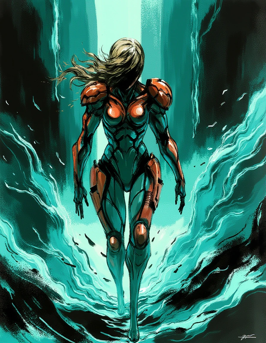 In a breathtaking digital masterpiece reminiscent of Yoji Shinkawa’s iconic style, the formidable bounty hunter Samus Aran is depicted in a moment of intense exploration. The dynamic brushstrokes are fluid and gestural, swirling around her form with varied thickness, creating a palpable sense of energy and motion as she navigates through an alien landscape. 

Draped in her signature, sleek power suit, the armor gleams with a metallic sheen, contrasting sharply against the rough, textured lines that evoke a raw, organic feel to the surrounding environment. The limited color palette features stark monochromatic shades, accented with deep emerald greens and electric blues, illuminating her figure against the shadowy backdrop of a mysterious, otherworldly terrain.

High contrast illuminates her silhouette, enveloping her in a play of light and dark where large areas of negative space emphasize her solitary journey. Samus stands in a powerful stance, her pose exaggerated to convey an electrifying sense of motion and tension. 

The imperfect forms of the scene are punctuated with deliberate rough strokes, allowing for a sense of spontaneity while hinting at the intricacies of her surroundings. Layering and textures intertwine, blending hatching and brush strokes with digital refinement to build an immersive depth that draws the viewer in.

Hints of abstract detailing pepper the scene, suggesting alien flora with minimal features, leaving ample room for interpretation and imagination. The balance of controlled chaos in the composition guides the viewer’s eye through the dynamic line flow, capturing the essence of Samus Aran as she embodies both the hunter and the hunted in this visually arresting tableau.