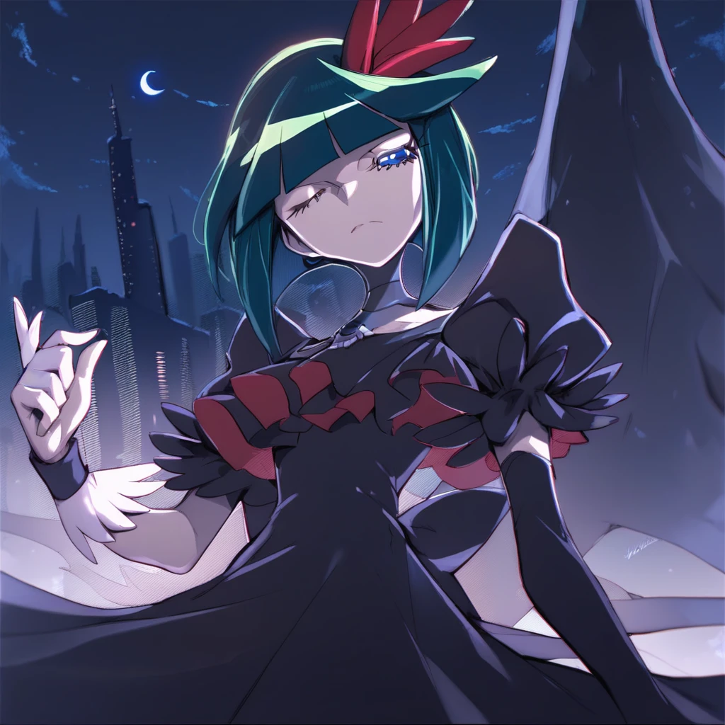 score_9, score_8_up, score_7_up,1 female,city view, 1 female,night view, moonlight,darkprecure, head accessory, green hair, short hair, one eyes closed,blue eyes, detailed eyes, right hand black long gloves, one winged,black dress , stocking ,white wrist band