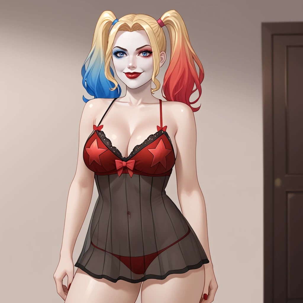 <lora:harleyquinndcuo_pony_v1:.75> HarleyQuinnDCUO, 1girl,solo, twintails, blonde hair, multicolored hair, blue eyes, makeup, blue hair, pale skin, large breasts, two-tone hair, cowboy shot <lora:chemise-ponyxl-lora-nochekaiser:1> chemise, strap slip, see-through, bare shoulders, collarbone, thighs,