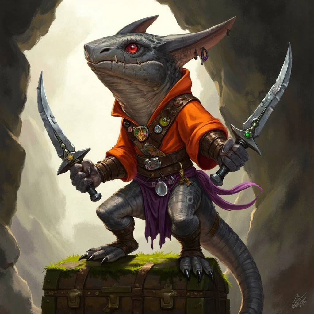 Imagine a mischievous kobold, perched atop a moss-covered treasure chest, its warm grey skin almost glowing under a shaft of sunlight filtering through a crack in the dungeon ceiling. Its bright, ruby-red eyes gleam with mischief and a hint of something sharper, more knowing. It holds a wickedly curved dagger in each hand, the blades glinting dangerously despite their size.

This kobold is a study in chaotic contrasts. A vibrant orange tunic, bright as a flame, hangs loosely on its wiry frame, accentuated by a thick, dark brown leather belt studded with mismatched trinkets—shiny buttons, colorful pebbles, a tiny silver spoon. A tattered purple sash is tied around one leg, trailing down like a mischievous afterthought. The oversized leather gloves are gone, replaced by fingerless ones that reveal sharp, black claws tapping impatiently against the hilts of the daggers.

The overall mood is one of playful danger and unpredictable energy. This kobold is no mere prankster; it's a force of nature, ready to carve its own path through the world, one mischievous grin and expertly wielded blade at a time.