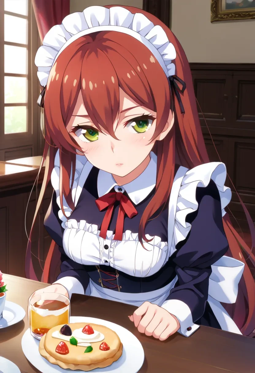 score_9, score_8_up, score_7_up, score_6_up,
masterpiece, source_anime,

solo, 1girl,

Hiragi Akira, red hair, long hair, brown hair, green eyes, hair between eyes,

inside, maid,