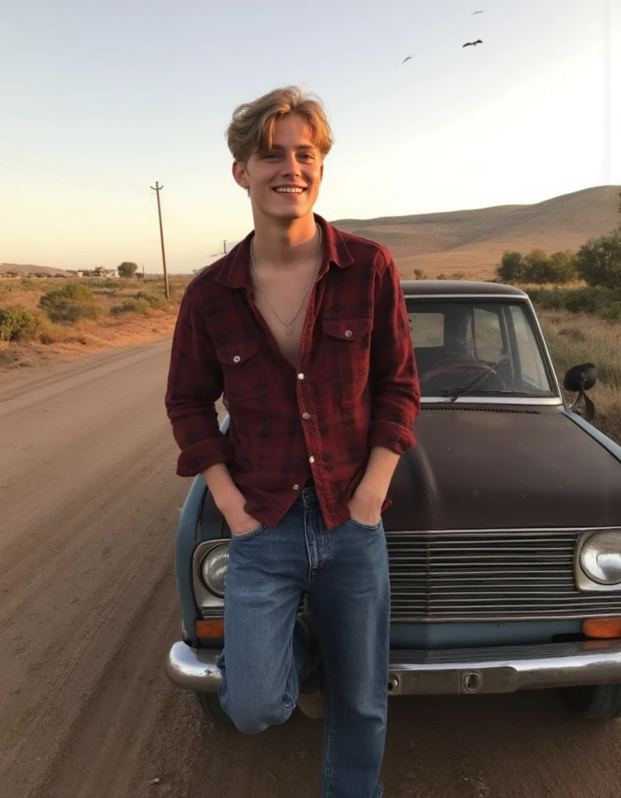 A socmed photo of a young man in his mid-twenties, leaning against the hood of an old pickup truck on a dusty rural road during golden hour. He has tousled blonde hair, a bit of stubble, and wears a faded red flannel shirt with the sleeves rolled up, along with worn jeans and scuffed boots. His expression is relaxed, almost smiling, as he gazes off into the distance. The late afternoon sun casts a warm glow over the scene, highlighting the dry fields and distant hills behind him. A few birds are flying overhead, and the quiet road stretches out toward the horizon, with only a few tire tracks breaking the dust. The overall vibe is laid-back and grounded, with a hint of nostalgia in the air.