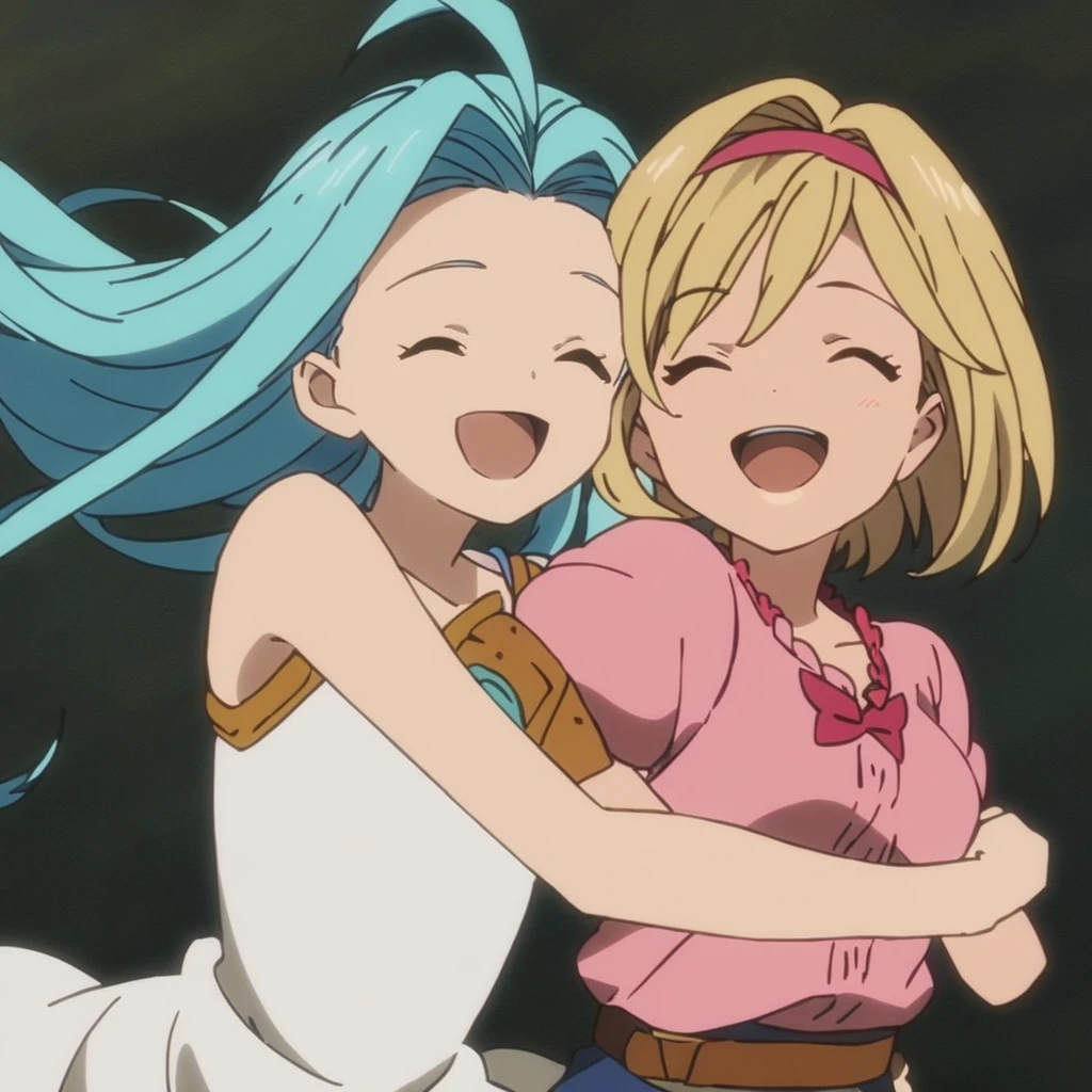 best quality, simple background, white background, 
hug, jumping, smile, closed eyes, open mouth, upper body, 
2girls, yuri, (chibi:0.5), 
lyria \(granblue fantasy\), very long blue hair, ahoge, white sleeveless dress, 
djeeta \(granblue fantasy\), blonde short hair, pink shirt, 
<lora:JitaRuri-XL:1> jitaruri, (anime coloring:1),