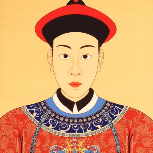 intricate patterns in red, traditional Chinese scroll painting, showcasing a samurai or warrior from the Ming Dynasty, typical of East Asian facial features., traditional Chinese ink and color painting of a dignitary, composed expression, traditional Chinese imperial attire., This image is a traditional Chinese hand-drawn illustration