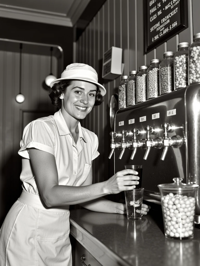 in the style of depression era, photograph of a woman behind a soda fountain counter, dressed in a crisp white apron and cap, smiling as she hands a customer a glass of cola. The background is filled with shiny metal dispensers, a chalkboard menu, and jars of colorful candy, a rare moment of sweetness in an otherwise tough decade.