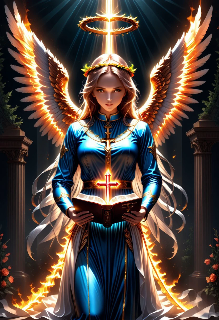 ultra realistic image with high resolution and stable focus correct and accurate anatomy, perfect detail of neon divine angel, sense of divinity, beauty, humility, wings, halo, flaming sword, laurel wreath, bible, gospel