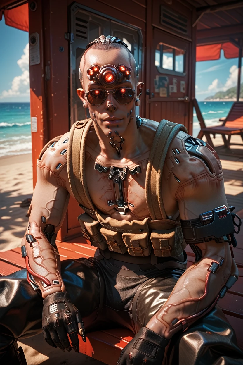 score_9, score_8_up, score_7_up, score_6_up
 <lora:CyberDumDum:0.8>
CyberDumDum, 1boy, cyborg, red eyes, extra eyes, cyberpunk, looking at viewer, male model in a casual summer outfit, sitting on the steps of a beach house, sunglasses on, ocean in the background, relaxed and carefree mood