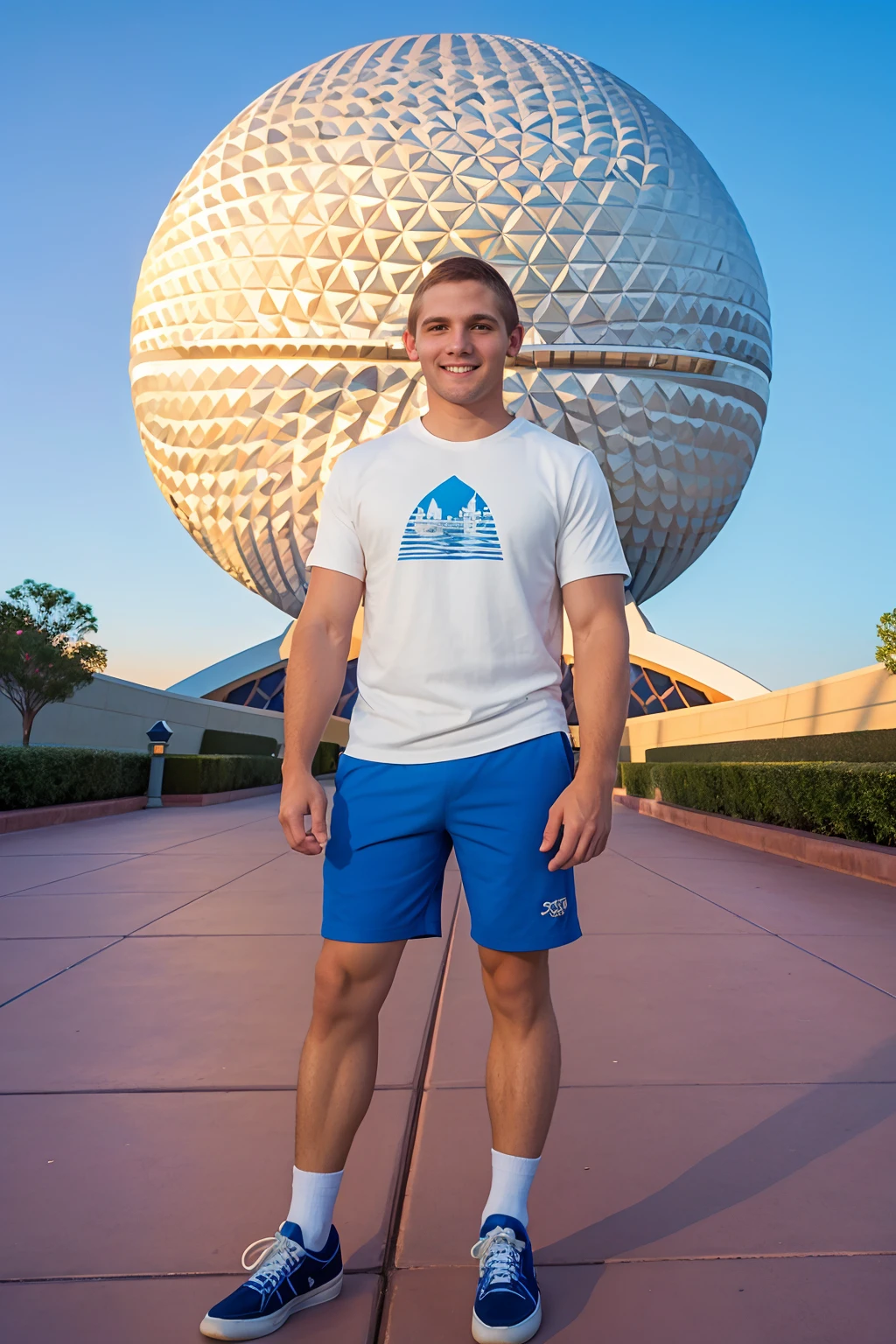 golden hour, Epcot Center globe, standing, smiling, SCNoel, wearing shirt, shorts, sock, sneakers, (male focus:1.3) (((full body portrait))), wide angle  <lora:SCNoel:0.8>