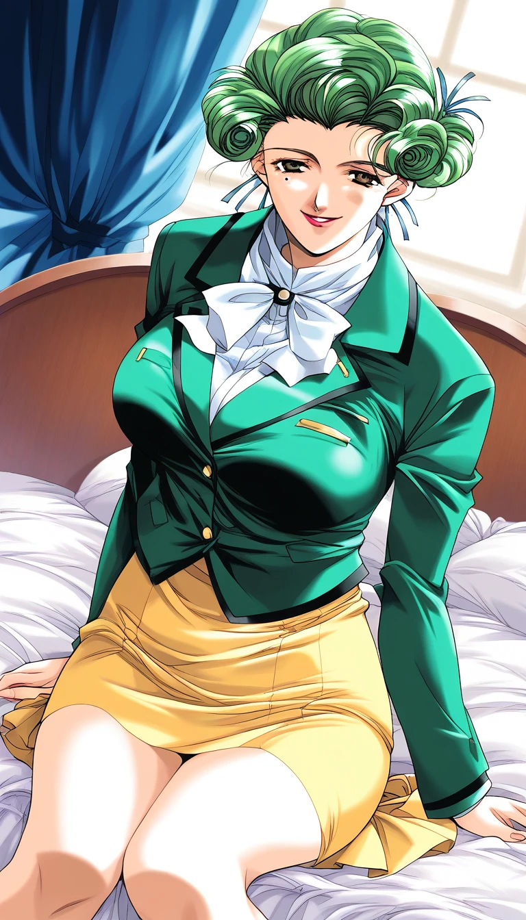 score_9, score_8_up, score_7_up, source_anime, rating_explicit, BREAK <lora:Nagashima_Sachiko_XL:1>Nagashima_Sachiko, green hair, large breasts, brown eyes, short hair, lipstick, curly hair,
Yellow skirt, uniform, bed, smile, sitting,