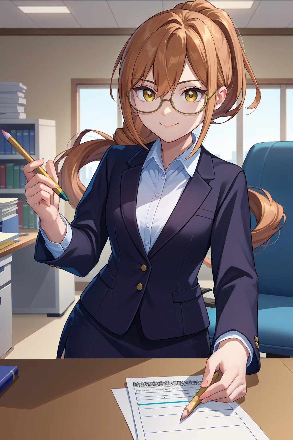 score_9, score_7_up, source_anime, looking at viewer, smile, indkrn, brown hair, yellow eyes, hair between eyes, ponytail, glasses, black blazer, collared shirt, skirt, holding, pencil, file, indoors, office, <lora:Hoseki_100Girlfriends_KaraneInda_PDXL_v1:1>