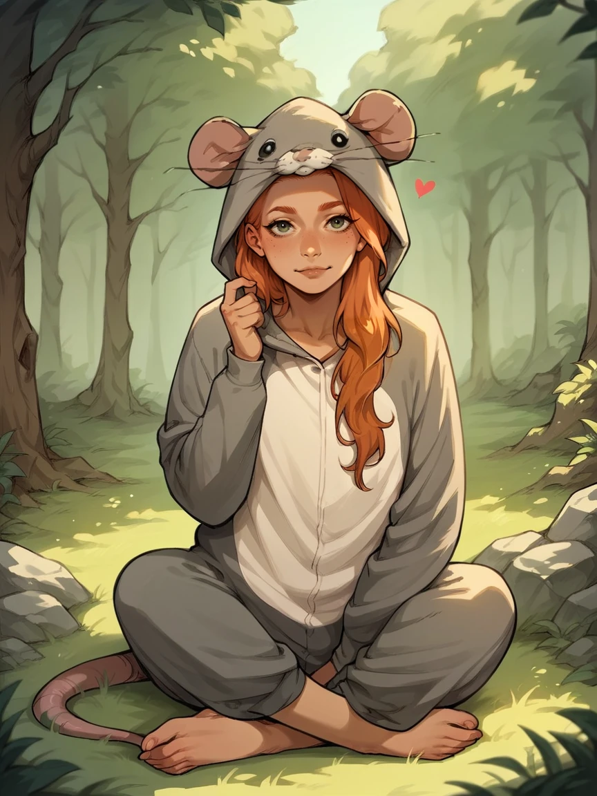 score_9, score_8_up, score_7_up, score_6_up, score_5_up,  <lora:ratonsieXLP3:1> rat onsie, barefoot, animal costume, tail, 1girl, ginger hair, sitting, heart, forest