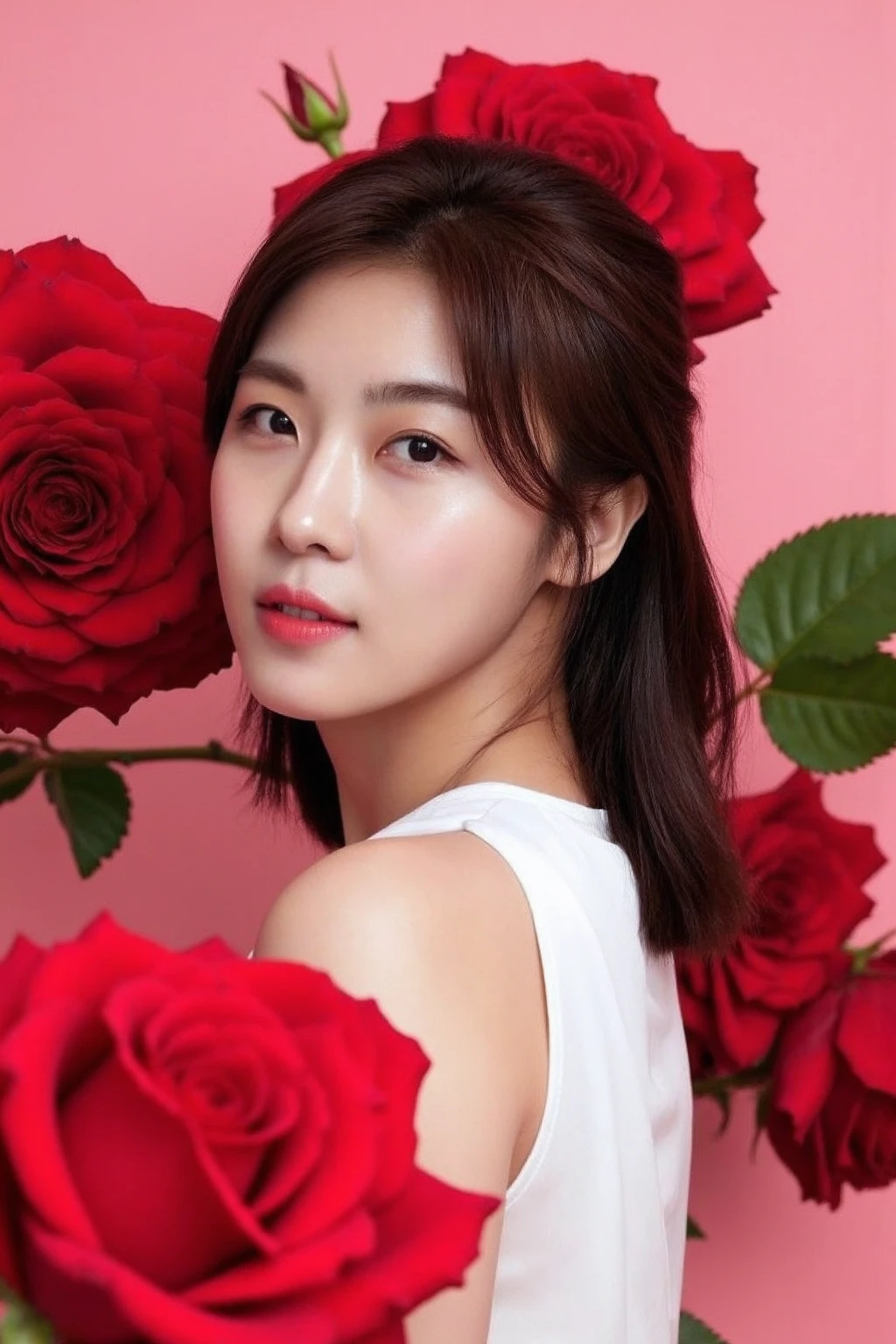 The image showcases a young korean woman. She is positioned against a strikingly vibrant pastel pink background, which is filled with large red roses. The roses dominate the composition, adding a dramatic and intense contrast to her skin tone and overall appearance.
The woman is dressed in white sleeveless dress, which drapes softly over her shoulders, leaving her upper back and one shoulder exposed. Her expression is calm and slightly mysterious, with her gaze directed slightly to the side, away from the camera. The large roses, some of which overlap with her figure, create a dreamy and surreal atmosphere, as if she is blending into or emerging from the floral background., <lora:flux_realism_lora:1>, <lora:makinaflux_hajiwon_v1.0:1>