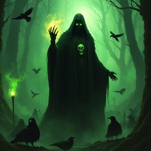 skelenecro, A dark fantasy painting captures the ominous figure of necromancer draped in flowing black robes, his glowing green eyes burning with eerie intensity. He raises a skeletal hand adorned with a sinister skull-shaped ring, its malevolent glow casting an otherworldly light over the scene. Crows swarm around him, their feathers ruffled by the thick mist that creeps through the dark, twisted forest. The forest floor is littered with undead creatures, their hollow eyes glowing faintly as green magic swirls through the air like tendrils of chaos. Behind him, a staff of embers emits a subtle, warm yellow glow that contrasts sharply with the cold green fog swirling across the ground. The composition is balanced with perfect symmetry, casting an epic, mystical feel over the entire scene. Each detail is intricately rendered, creating a dramatic and surreal visual masterpiece.