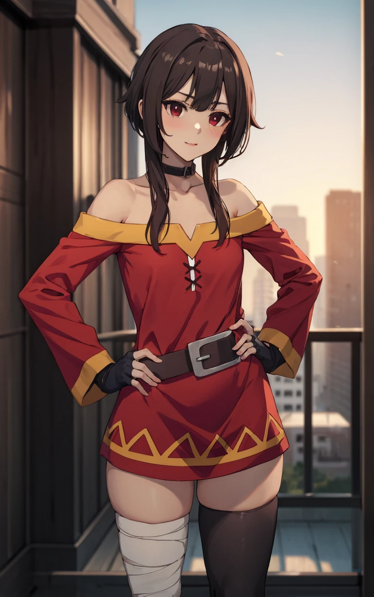 (masterpiece, best quality:1.4), insaneres, absurdres, solo, looking at viewer,BREAK 
BareShoulders_Megumin_ownwaifu,    
1girl, brown hair, megumin, short hair with long locks, red eyes, collar, choker, collarbone, sidelocks, bangs, black choker, bright pupils, brown belt, small breasts,  hair between eyes, sleepy,
bare shoulders, red dress, off shoulder, fingerless gloves, black gloves, off-shoulder dress, bandages, bandaged leg, single thighhigh, black thighhighs, long sleeves, asymmetrical legwear, mismatched legwear,  short dress,
(contrapposto, hand on hip), sunset, sidelighting, cityscape, outdoors, <lora:ANIME_KonoSuba_Megumin_ownwaifu:1> , depth of field, solo,