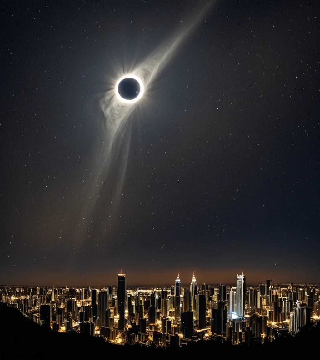 <lora:3cl1p53_02PN-000010:0.8>,(3cl1p53 style),a photograph of (3cl1p53 eclipse:1.2) (rising high in the sky above),with a (city skyline at night:1.4),surrounded by bright solar corona,