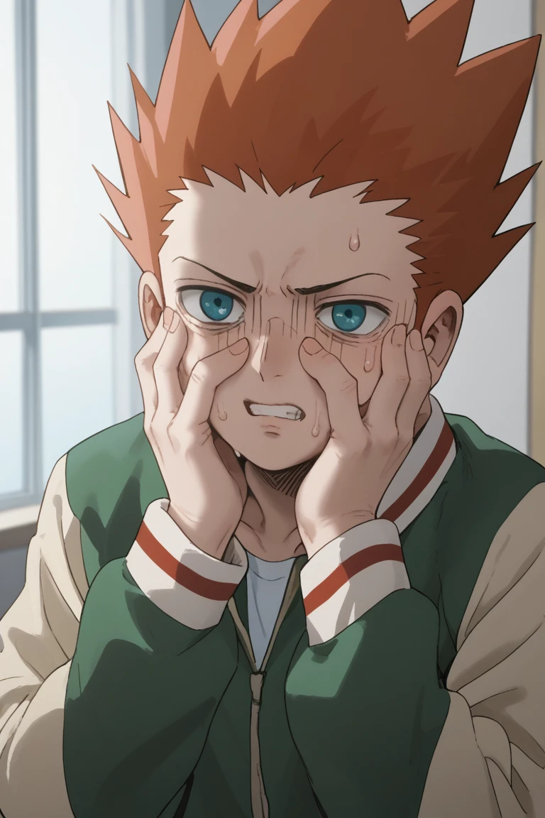 score_9,score_8_up, score_7_up, score_6_up,
suzuki sho, orange hair, blue eyes, 1boy, clenched teeth, male focus, teeth, solo, hands up, sweat, shaded face, parody, spiked hair, long sleeves, upper body, sweatdrop, hands on own face, green jacket