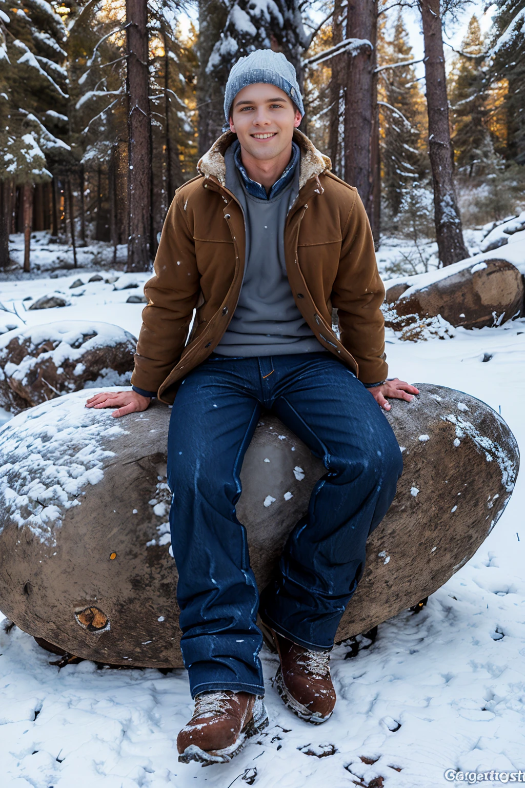 snowy forest, pine and juniper trees, sitting on a large boulder, smiling, SCNoel, (brown winter coat:1.2), (denim blue jeans:1.3), (brown hiking boots), gray beanie hat, (((full body portrait))), wide angle  <lora:SCNoel:0.8>