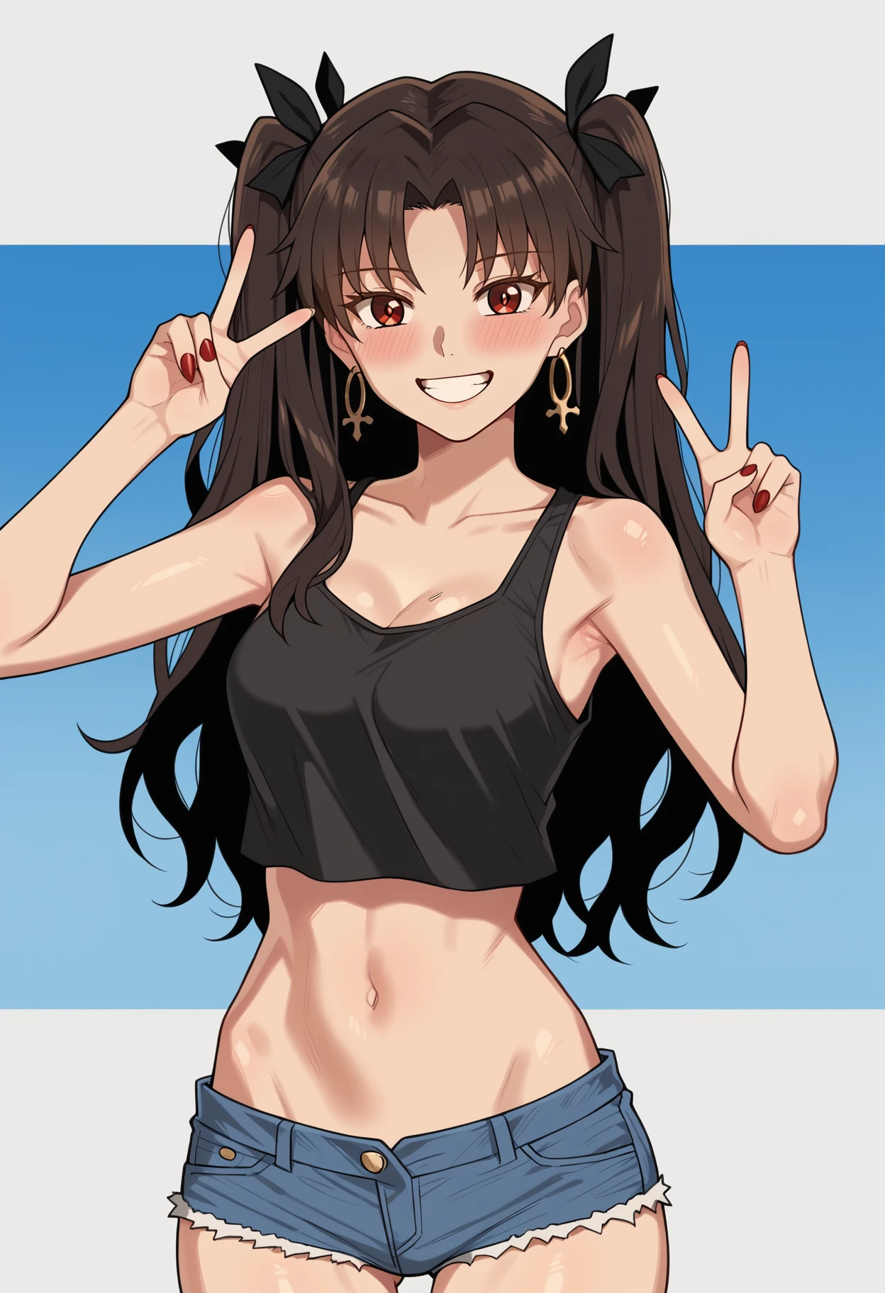 1girl,<lora:NT00_stylev2:1> ishtar,thin,happy,tank top,standing,jean shorts,solo,midriff,armpits,peace