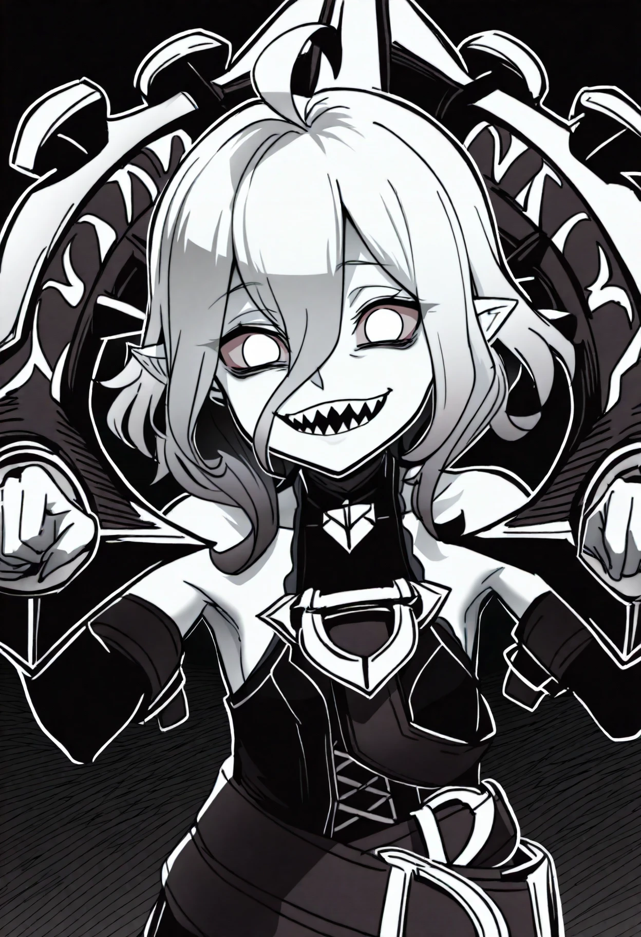 best quality, amazing quality, very aesthetic, absurdres,
monochrome, greyscale, ebiblue, gesugao,
1girl, briar, white eyes, colored sclera, white hair, gradient hair, short hair, hair between eyes, ahoge, pointy ears, sharp teeth, grey skin,
shackles, bare shoulders, detached sleeves,
(glowing eyes:0.5), smile, looking at viewer, solo, black background <lora:EbiblueIllustriousXL_byKonan:1> <lora:BriarIllustriousXL_byKonan:1>