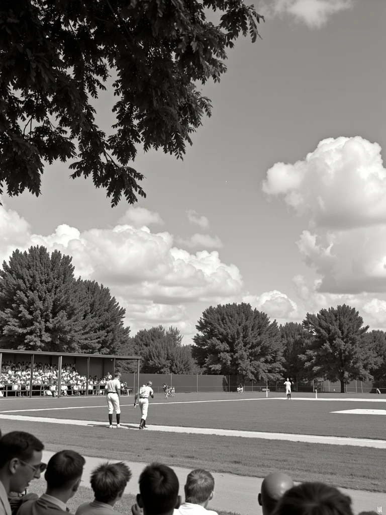 in the style of depression era, photograph of a baseball game in a local park, with spectators cheering from the bleachers.  Photo circa summer 1931, Idaho museum of journalism archival photography