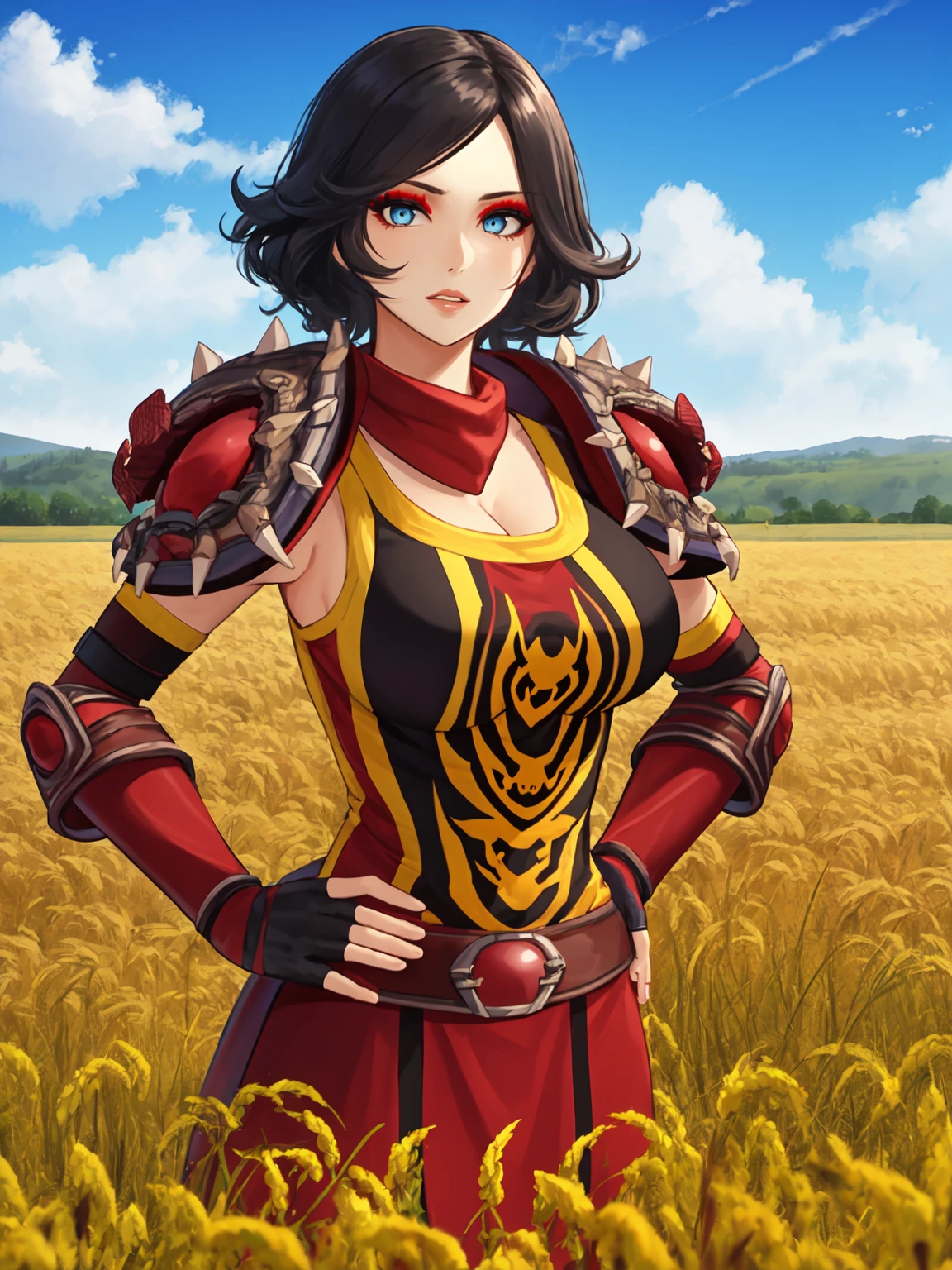 masterpiece, high quality,
a girl is standing, upper body, close-up, hands on own hips,
Vanessa VanCleef,
looking at viewer, confident,parted lips,
black hair, short hair, blue eyes, makeup, lips,
bandana around neck, shoulder armor, tabard, elbow gloves, belt, fingerless gloves,
large breasts, cleavage,
outdoors, field, field of rye, yellow field, windmill, farm, blue skies, clouds, day, medieval,
 <lora:Vanessa_VanCleef_1.5:1>