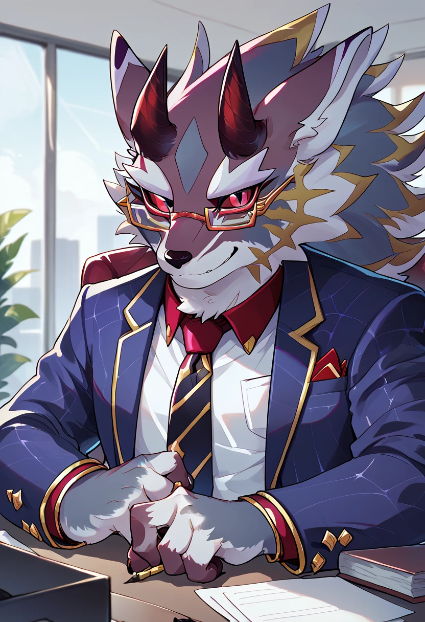 score_9, score_8_up, score_7_up, high quality, hires, solo, bael, housamo, tokyo afterschool summoners, furry, red sclera, glasses, formal clothes, close up, looking at viewer, office, <lora:Bael_TAS_Housamo:1>, <lora:add-detail-xl:2>