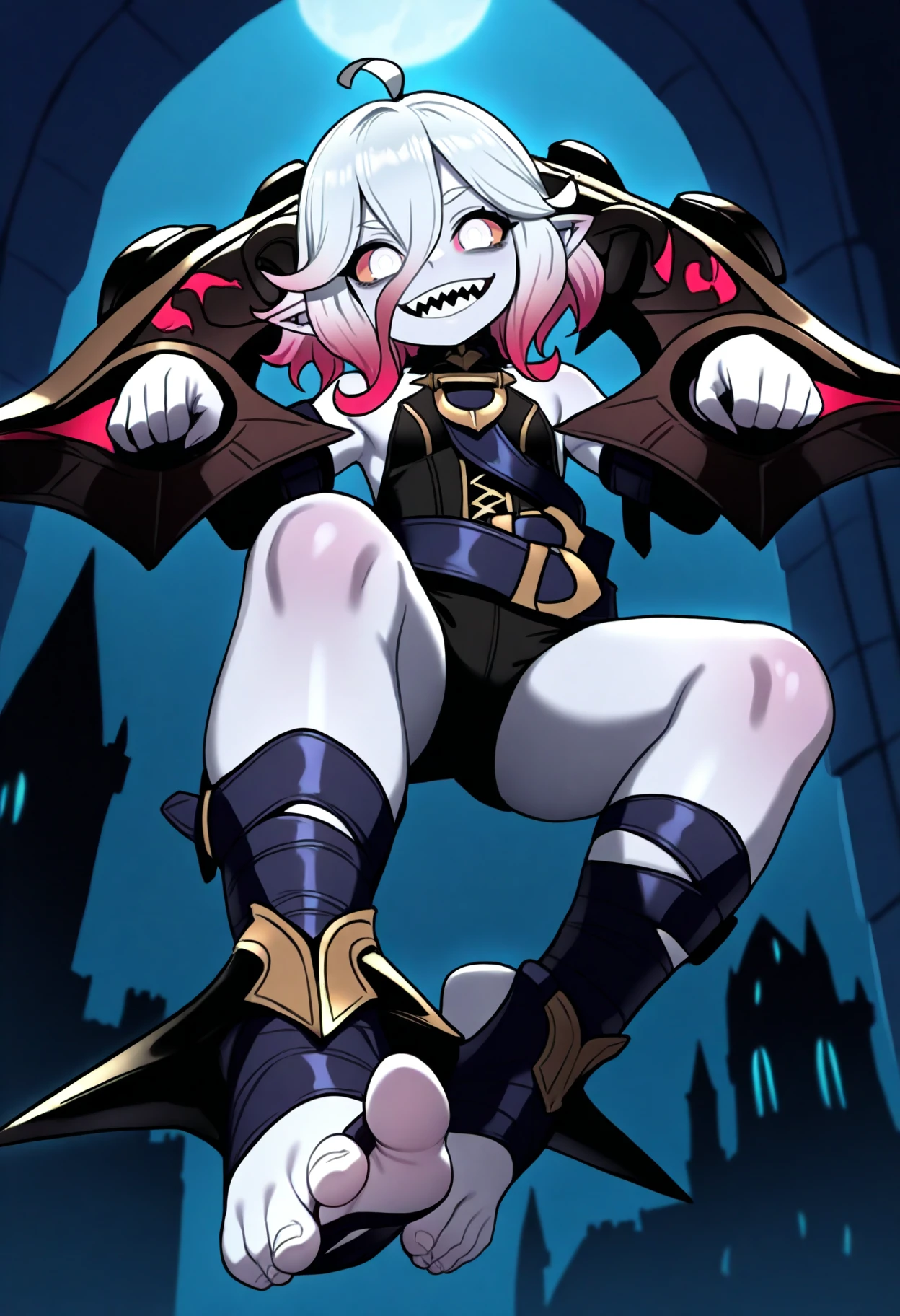 (masterpiece, best quality, ultra-detailed), 1girl, BriarLoL, white skin, white hair, short hair, pointy ears, sharp teeth, wives, looking at viewer, chained, sitting