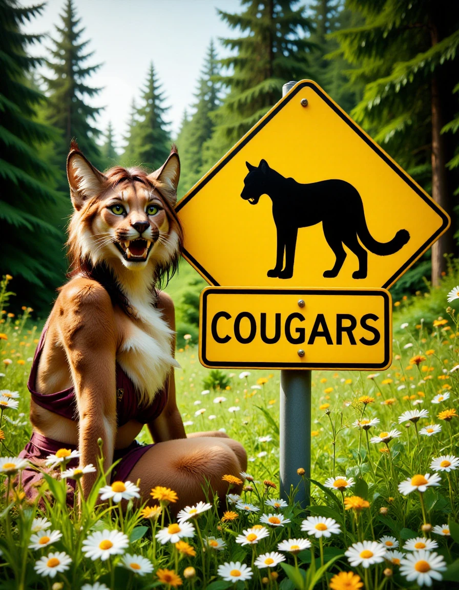 <lora:Road_Sign_Erector_FLUX:0.6> <lora:KFT_Furry_Enhancer_F1D-000017:0.9>
The image is a high-resolution photograph of a bright yellow diamond-shaped road sign with a black silhouette of a cougar on it. The sign is mounted on a metal post in the middle of a lush, wildflower-filled meadow, on the right side of the image. The meadow is teeming with various wildflowers, predominantly white flowers with yellow centers, interspersed with some yellow and green foliage. On the left side of the image, there is a female anthropomorphic cougar woman in the background wearing a short skirt and a crop top, sitting among the flowers, with her face featuring striking, piercing green eyes, sharp teeth, and distinctive cougar fur markings. The cougar's fur is a rich, warm brown with distinctive black spots and a fluffy, white-tipped tail.
The sign's text is in bold, black, uppercase letters: "COUGARS." The silhouette of the cougar is positioned at the bottom of the diamond shape, facing to the left, with its tail curving upwards.