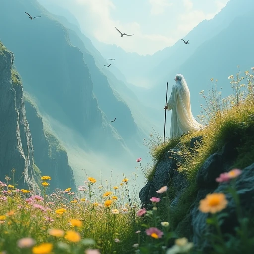 An old man draped in flowing white robes stands poised at the edge of a weathered, ancient cliff, his staff firmly planted in the rugged ground. His long silver hair ripples in the soft wind, mirroring the gentle sway of wildflowers carpeting the valley below. The scene is steeped in ethereal beauty, with towering mountains framing the horizon, their peaks barely visible through an endless sea of swirling mist. Birds soar gracefully above, their wings glinting in the warm, ambient light that bathes the landscape. Soft pastel hues cast a dreamlike glow, while intricate details of flowers and moss-covered rocks add layers of depth to the scene. The air hums with magic, a cinematic blend of elegance and surrealism, where every element—light, color, and composition—harmonizes into a vibrant, mystical tableau, evoking both serenity and epic wonder.