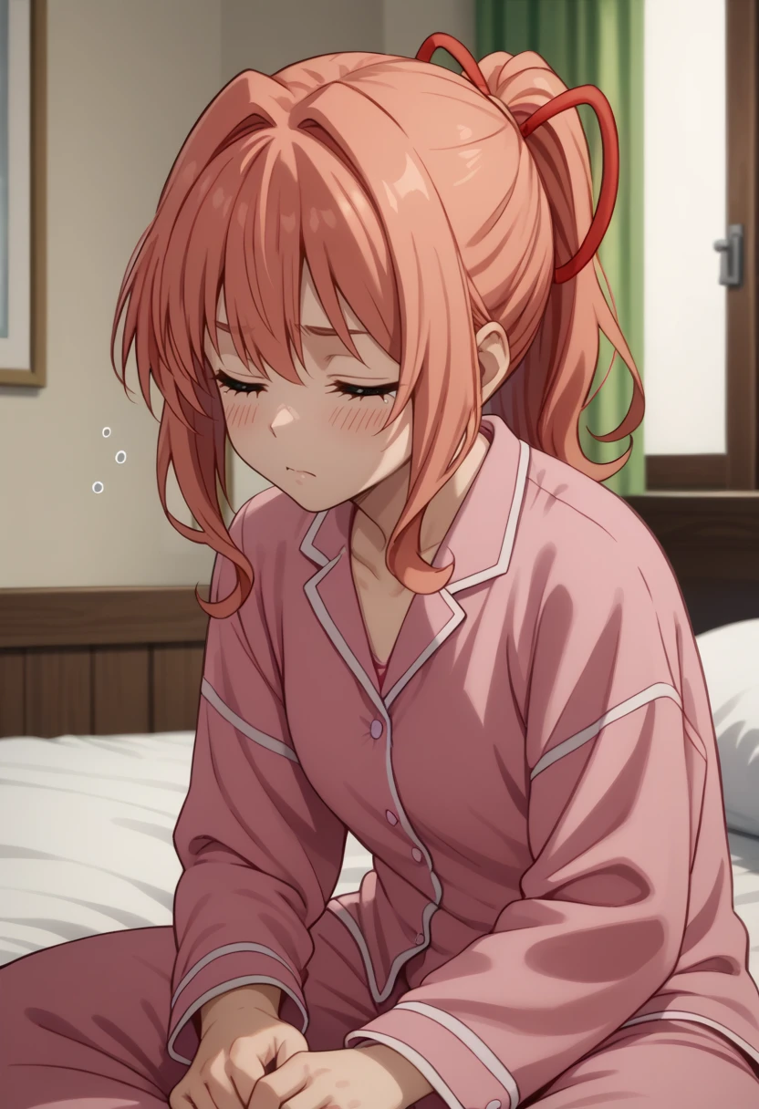 score_9, score_8_up,
1girl,  <lora:AmagamiYuna_Amagamisan_PDXL:0.8>, amagamiyuna, ponytail, red ribbon, hair ribbon,
pink pajamas,
indoors, bed, sleepy