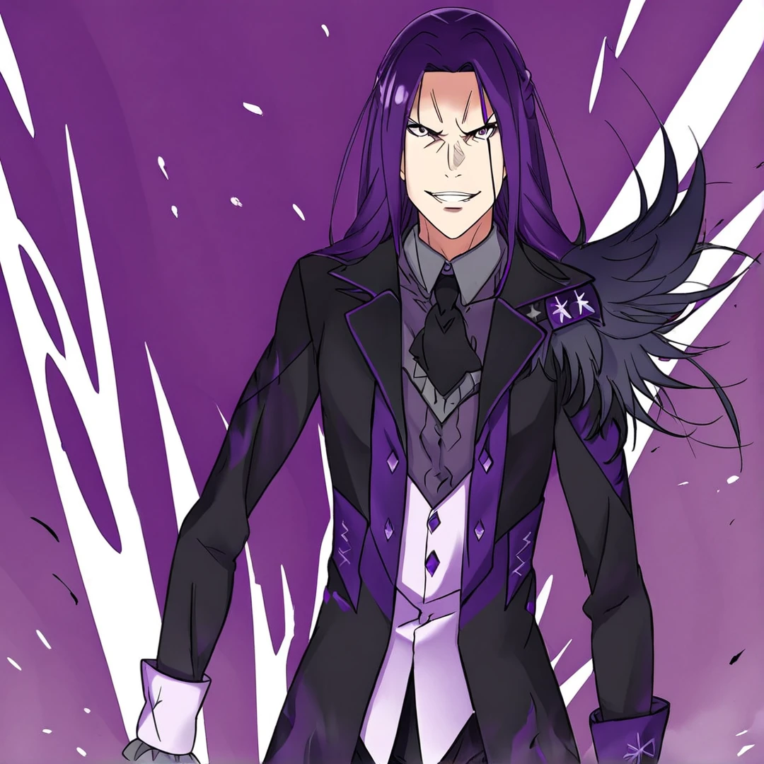 <lora:StrideVollachia:1>, stride, thirty years of age, his features, were uncommonly sharp and noble, has long, rich deep-purple hair, that had a silky look to it, and reached past his shoulders, wears black trousers, black shoes, a light grey shirt, a black cravat, a white waistcoat over the shirt, and a black long coat over the waistcoat, that had notched lapels and rolled cuffs, purple lining, on his left shoulder, has many large feathers with purple tips, on each of his ten fingers, are ring curse tools, full body, standing in a war zone, is fighting, high in the sky, surrounded with flames