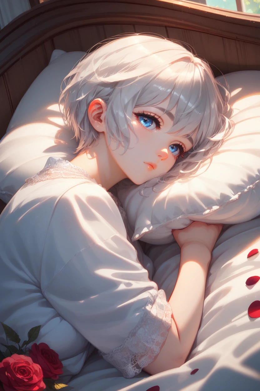 score_9, score_8_up, score_7_up, score_6_up
 <lora:GCSH:0.8>
GCSH, 1girl, short hair, blue eyes, silver hair, looking at viewer, sleeping in a bed, rose petals, Romanian house