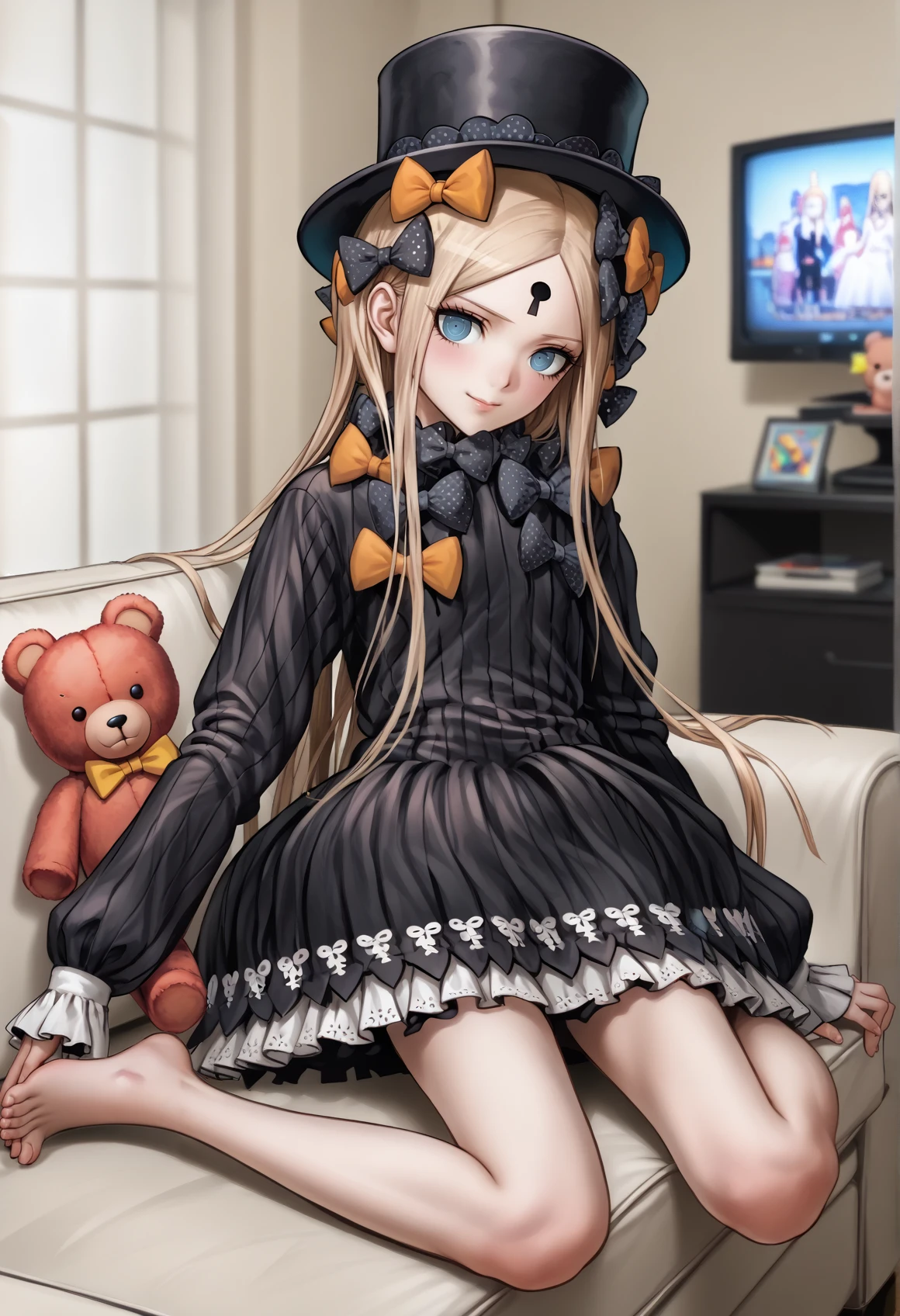 1girl, blonde hair, long hair, blue eyes, forehead, sidelocks, parted bangs, hair bow, polka dot bow, orange bow, black dress, long sleeves, sleeves past wrists, sleeves past fingers, bloomers, hat, sitting, indoors, couch, seductive smile, barefoot, head on knee, videoclub, television <lora:abby_xl:1> 3d  teddy bear, <lora:danganronpa:1>, score_9, score_8_up, score_7_up, score_6_up, score_5_up, score_4_up, BREAK source_anime, masterpiece