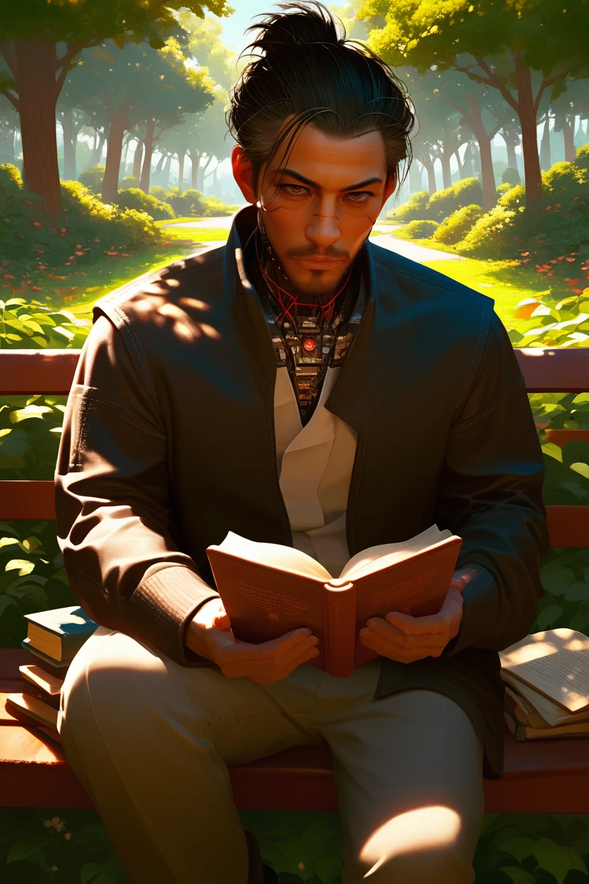 score_9, score_8_up, score_7_up, score_6_up
<lora:CyberGoroTakamura:0.8>
CyberGoroTakamura, 1boy, black hair, brown eyes, looking at viewer, sitting on a bench in a tranquil park, wearing casual clothes, reading a book, dappled sunlight filtering through the trees, peaceful and relaxed vibe