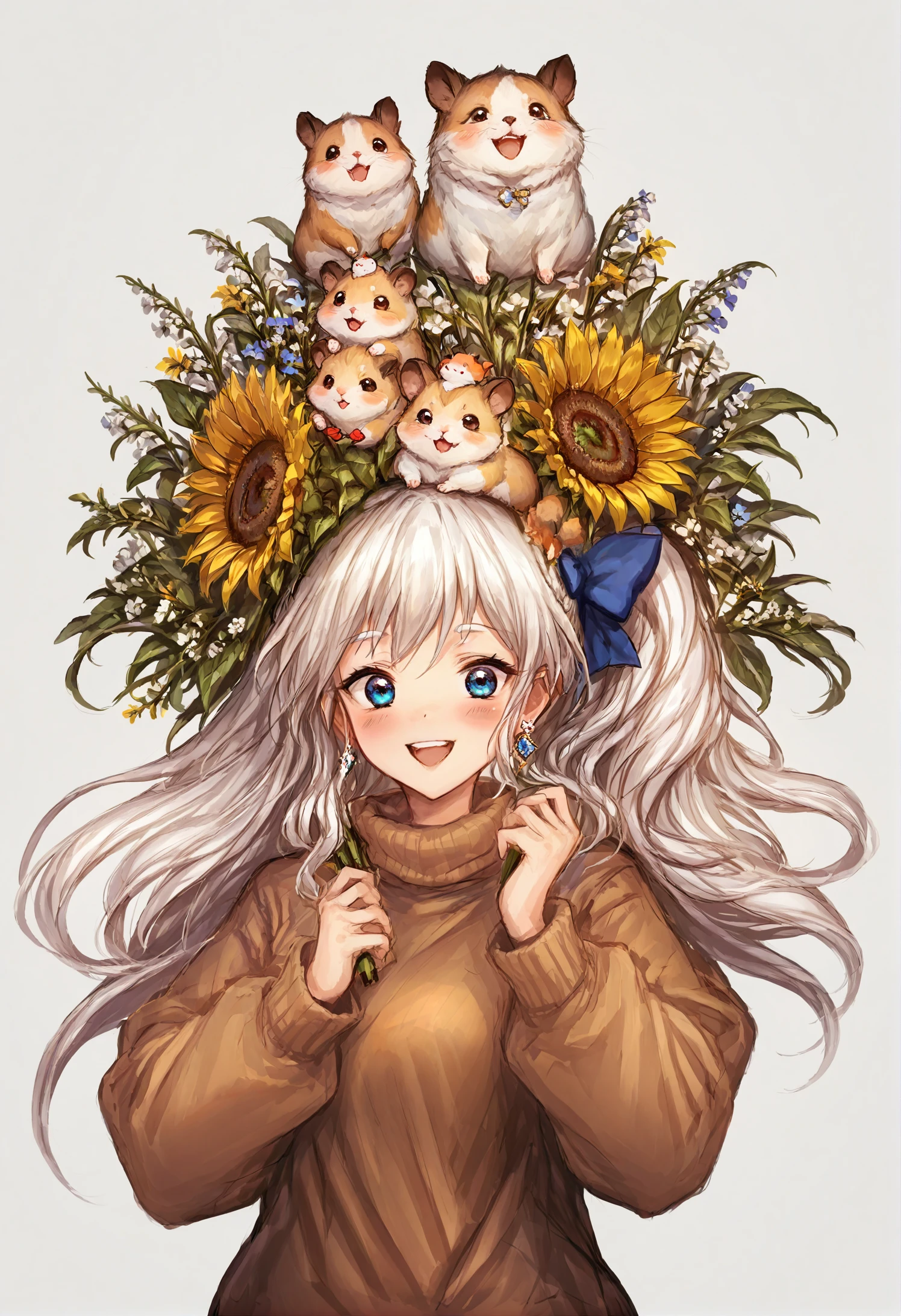 1girl, 
flower, solo, smile, long hair, white background, :d, simple background, hair ornament, braided bangs, hair bow, looking at viewer, braid, open mouth, hair flower, animal on head, bow, upper teeth only, hamster, upper body, blush, turtleneck, virtual youtuber, side ponytail, blue bow, on head, animal, sunflower, yellow flower, round teeth, teeth, blue flower, holding, earrings, sweater, white hair, thick eyebrows, jewelry, very long hair,
.
masterpiece, best quality, score_9, score_7_up, score_6_up
 <lora:lm7XLlokr4f-000187:0.95>