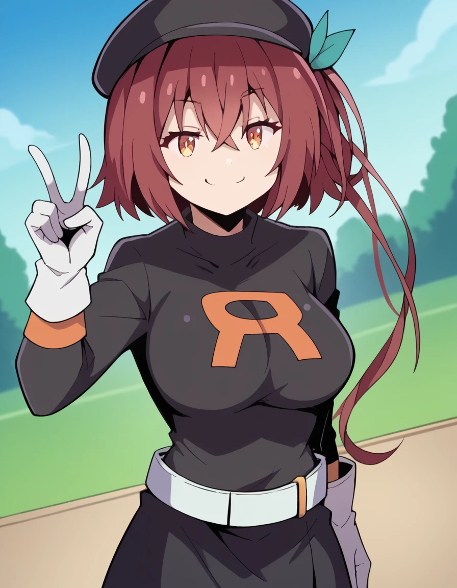 score_9, score_8_up, score_7_up, source_anime, <lora:mao-nanjou-s1-ponyxl-lora-nochekaiser:1>, mao nanjou, long hair, orange eyes, red hair, side ponytail, large breasts,, <lora:team-rocket-uniform-ponyxl-lora-nochekaiser:1>, team rocket uniform, black hat, black shirt, black skirt, white belt, white gloves, single letter,, smile, smug, v, outdoors,, , cowboy shot, dutch angle