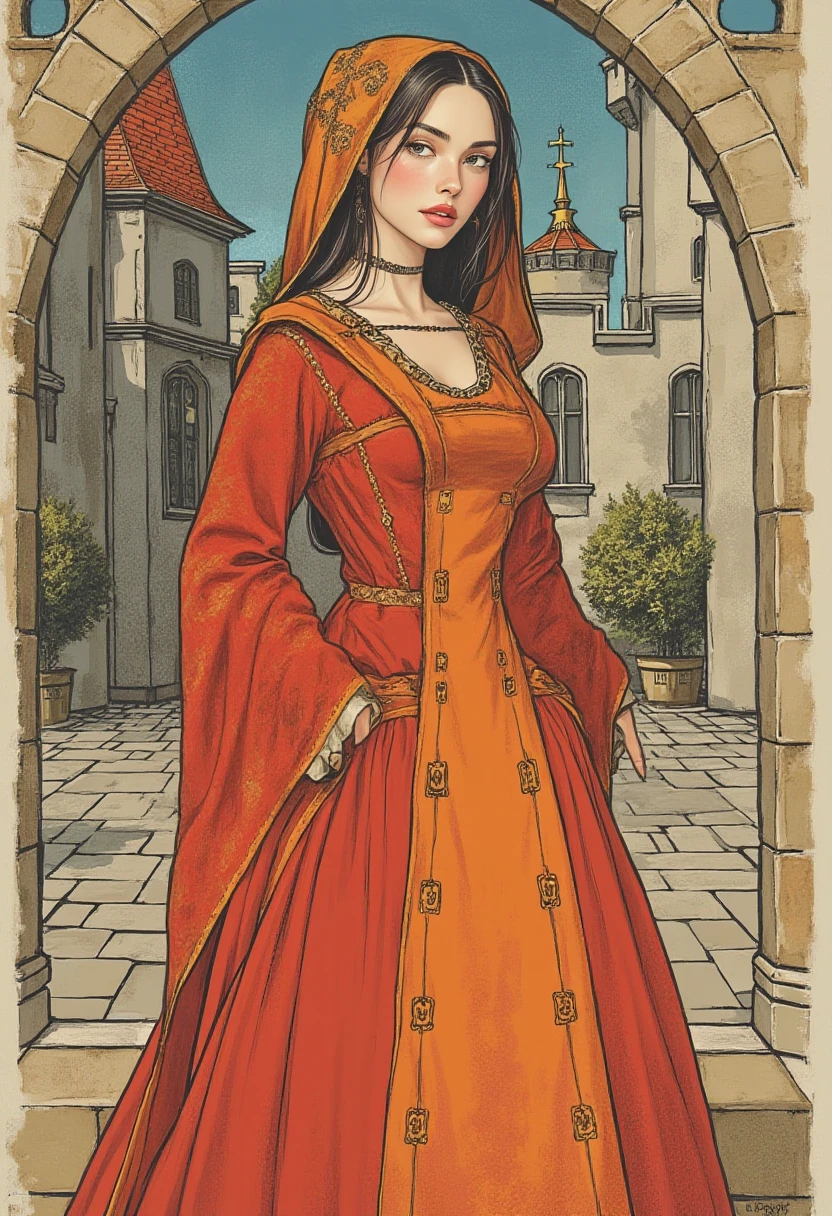 woman, heavy makeup, direct eye contact, A medieval manuscript-style illustration of a woman standing in a castle courtyard. She’s dressed in a long, conservative gown with a high neckline and wide sleeves, the fabric decorated with simple, geometric patterns. The illustration is rendered in flat, vibrant colors typical of medieval art