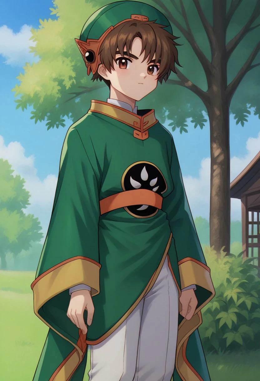 score_9, score_8_up, score_7_up, source_anime, highly detailed, 
syaoran, 1boy, male focus, solo, brown hair, brown eyes, hat, green headwear, chinese clothes, shirt, white shirt, pants, white pants, robe, green robe, yin yang, long sleeves, wide sleeves,
outdoor, sky, cloud, tree