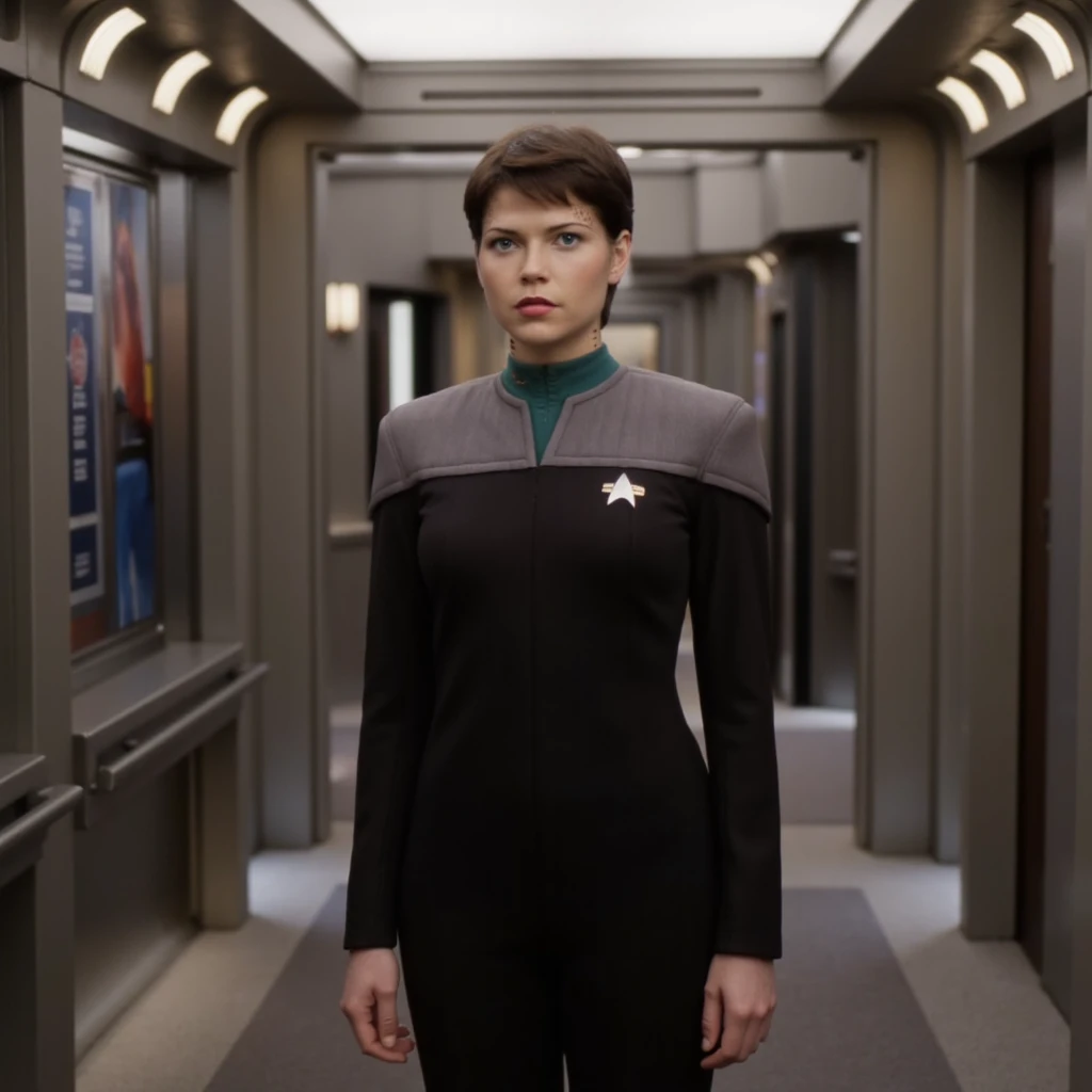 photo realistic, EzriDax woman, wearing star trek uniform with star trek badge, standing in corridor of voyager, full shot, full body <lora:EzriDax_Flux_v1:1.3> <lora:VoyCorridor_Flux_v1:1>