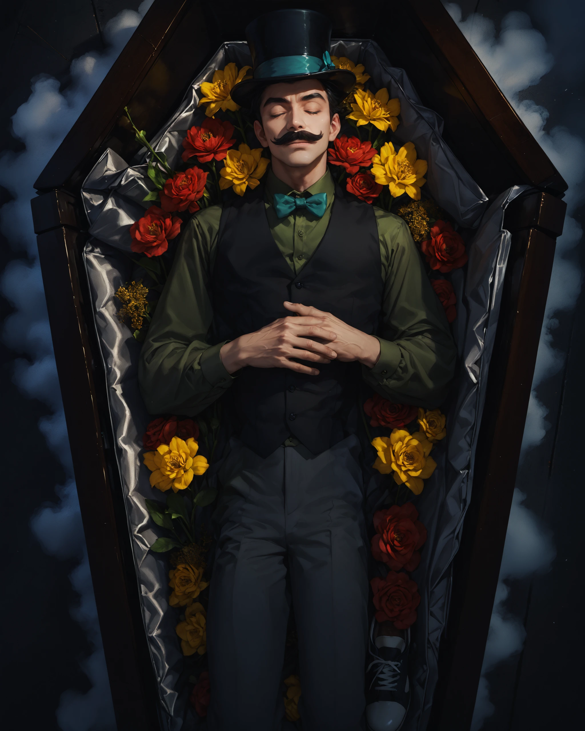 score_9, score_8, score_7_up masterpiece, amazing quality, hyper detailed, high resolution, highres, (embedding:zPDXL3:1.1), 

1boy, short hair, black hair, moustache, closed eyes, green shirt, black vest, pants, shoes, top hat, 

coffin, lying, fullbody, top view, flowers, yellow flowers, (red flowers:1.045), 

coffin lid, volumetric light, fog, hands on stomach,