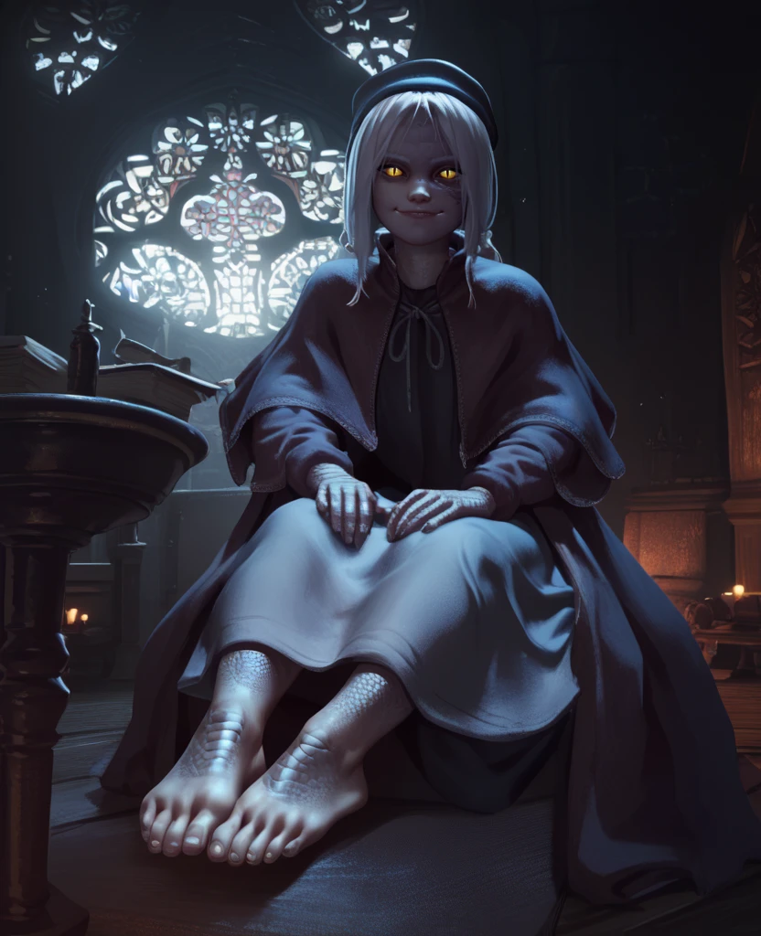 score_9,score_8_up,score_7_up,score_6_up,
thepnterxl,facial mark,yellow eyes,slit pupils,scales,white hair,ponytail,
hat,dress,capelet,sitting,looking at viewer,feet,feet focus,smug,
indoors,castle,night,
<lora:thepainterXL:0.8>,